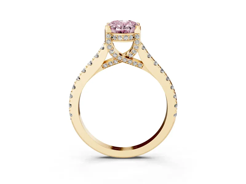 Oval Hidden Halo Pave Engagement Ring Setting for a Fancy Pink Lab-Grown Diamond | Claw Prongs | Yellow Gold