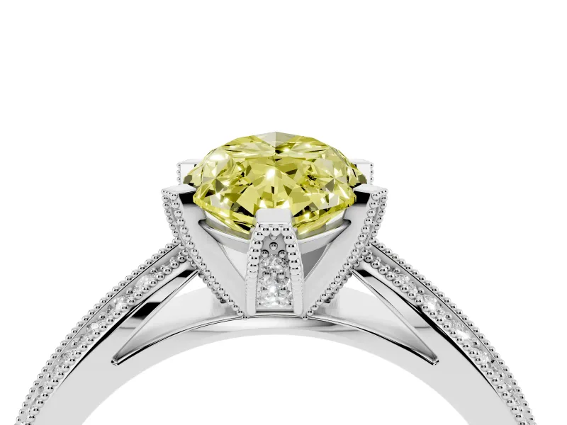 Fancy Yellow Marquise Cut Diamond Solitaire Ring Set in Silver with Milgrain Double Row Round Pavé Band