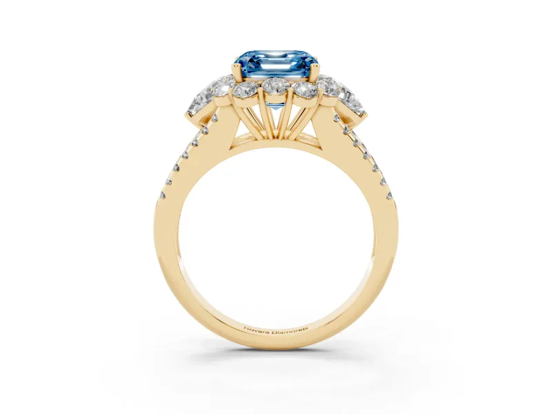 Fancy Blue Asscher Cut Diamond Halo Split Shank Engagement Ring Set in Yellow gold with Prong-Held Center Stone