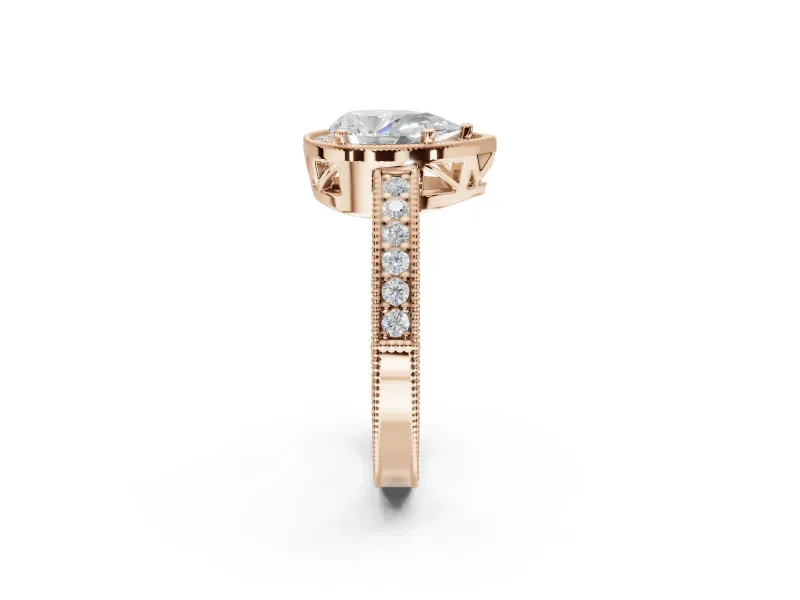 Pear-Shaped Vintage Milgrain Halo Engagement Ring Setting | Wide Pavé Band | Rose Gold