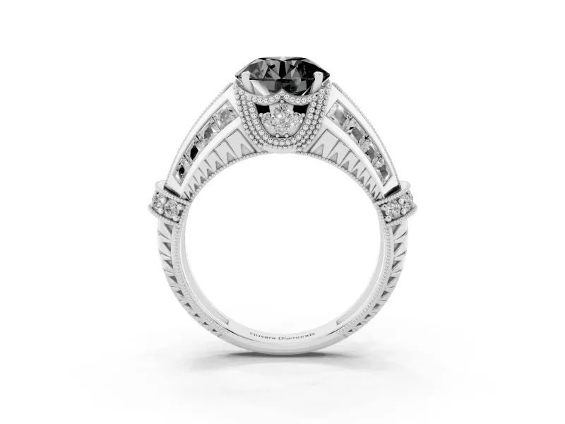 Fancy Black Round Cut Diamond Vintage-Inspired Milgrain Ring Set in Silver with Accent Split Shank