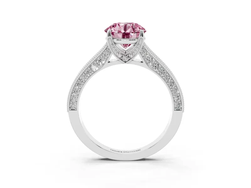 Round Vintage Hidden Halo Engagement Ring Setting for a Fancy Pink Lab-Grown Diamond | Milgrain Pave Band | Platinum