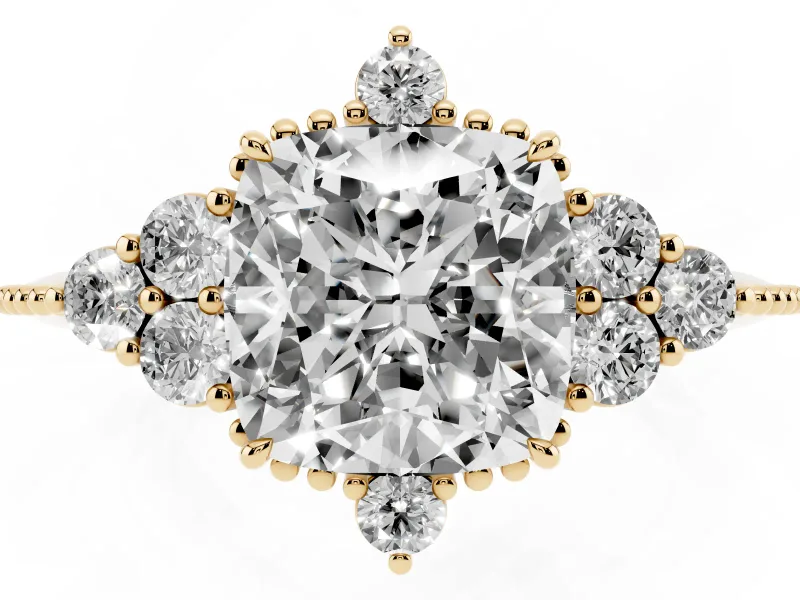 Cushion Cut Vintage Cluster Engagement Ring Setting | Beaded Edges | Yellow Gold