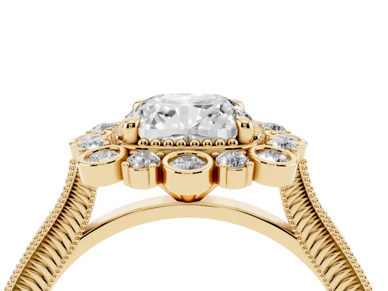 Cushion Cut Diamond Halo Milgrain Pavé Ring Set in Yellow gold with Prong Setting