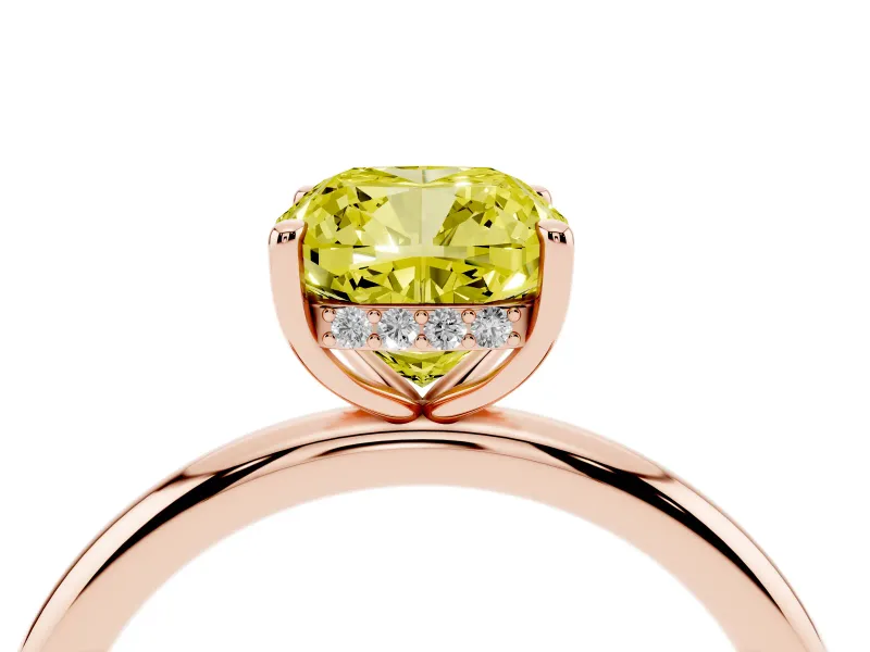 Fancy Yellow Cushion Cut Diamond Solitaire Ring Set in Rose gold with Thin Band and Prong Setting