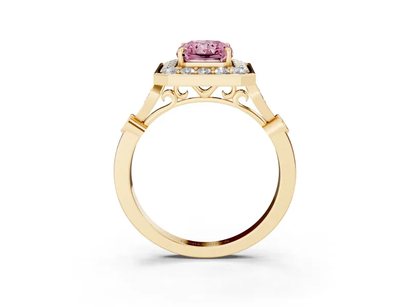 Radiant Cut Halo Engagement Ring Setting for a Fancy Pink Lab-Grown Diamond | Bezel Station Shoulders | Yellow Gold