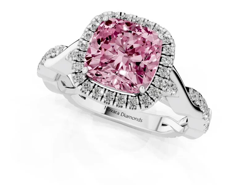 Cushion Cut Twist Halo Engagement Ring Setting for a Fancy Pink Lab-Grown Diamond | Platinum