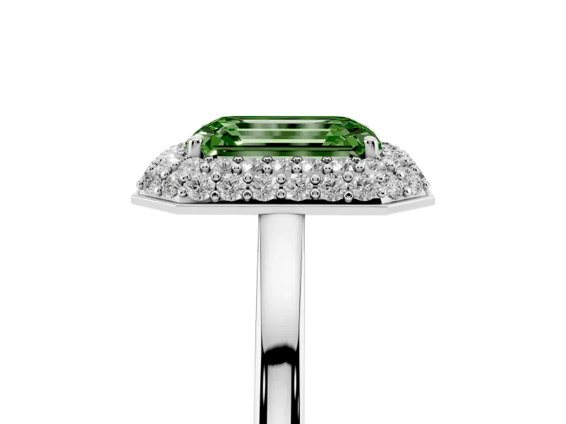 Emerald Cut Pave Halo Engagement Ring Setting for a Fancy Green Lab-Grown Diamond | Slim Plain Band | Sterling Silver
