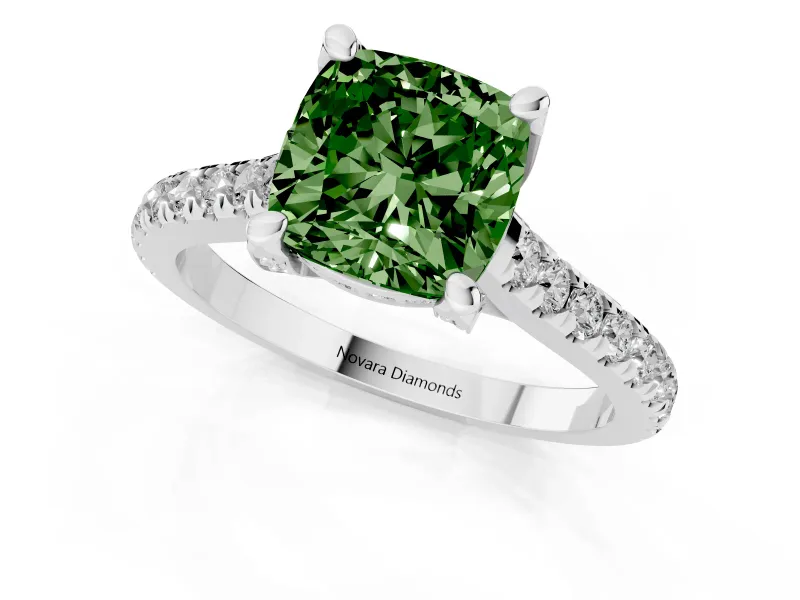 Cushion Cut Hidden Halo Pave Engagement Ring Setting for a Fancy Green Lab-Grown Diamond | Claw Prongs | White Gold