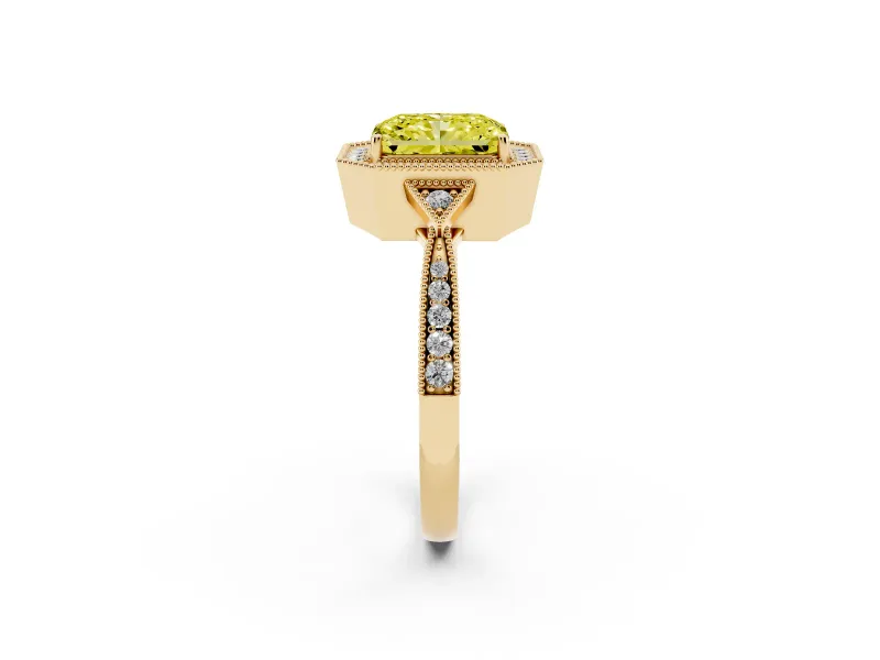 Radiant Cut Milgrain Halo Engagement Ring Setting for a Fancy Yellow Lab-Grown Diamond | Graduated Pavé | Yellow Gold