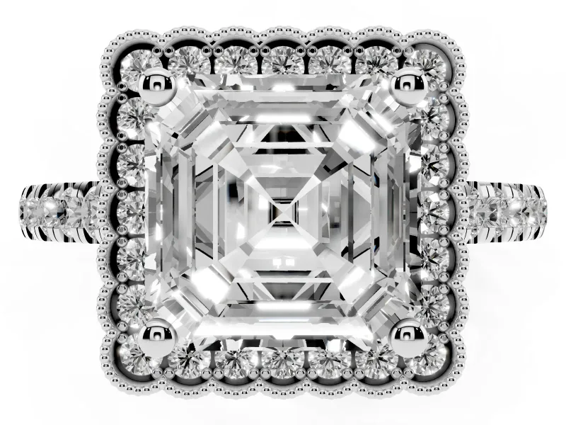 Asscher Cut Diamond Milgrain Floral Halo Engagement Ring Set in Silver with Pavé Band
