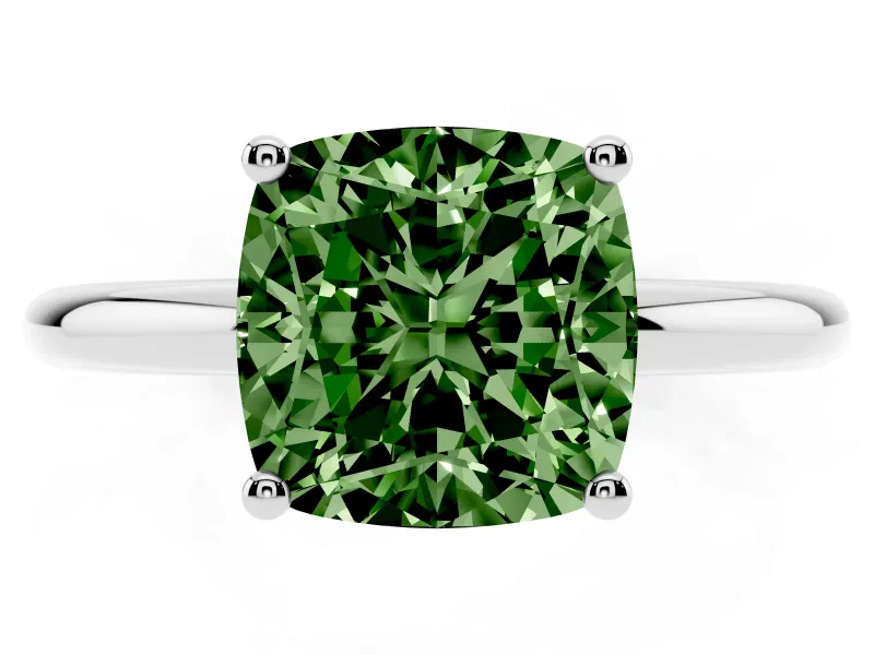 Fancy Green Cushion Cut Diamond Solitaire Engagement Ring Set in Platinum with Prong Setting and Polished Band