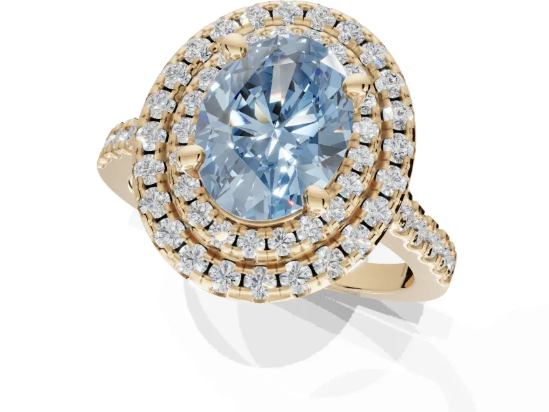 Oval Double Halo Engagement Ring Setting for a Fancy Blue Lab-Grown Diamond | Pave Shoulders | Yellow Gold