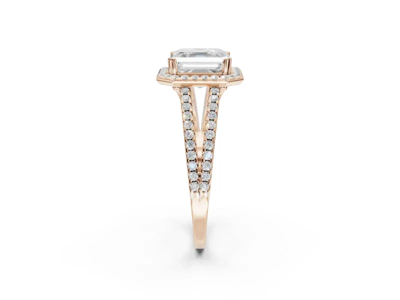 Asscher Cut Halo Split Shank Engagement Ring Setting | Pavé Shoulders | Rose Gold