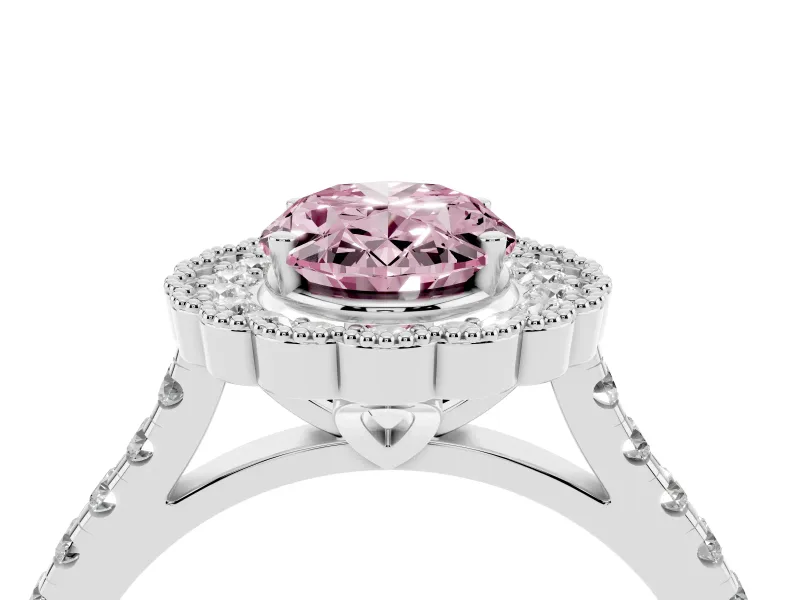 Fancy Pink Oval Cut Diamond Milgrain Floral Halo Engagement Ring Set in Platinum with Pavé Band