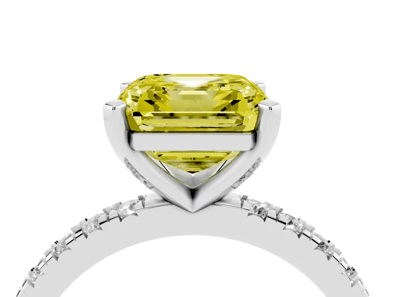 Fancy Yellow Asscher Cut Diamond Pavé Band Solitaire Set in Platinum with Prong Setting