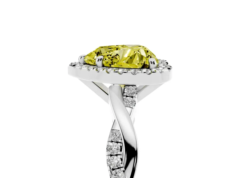 Fancy Yellow Heart Cut Diamond Halo Twisted Band Ring Set in Silver with Prong Setting