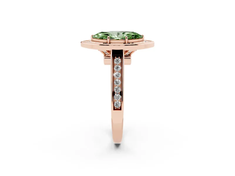 Fancy Green Marquise Cut Diamond Halo Solitaire Ring Set in Rose gold with Pavé Band and Bezel Setting