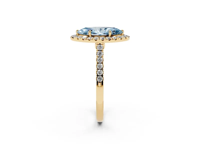 Marquise Halo Engagement Ring Setting for a Fancy Blue Lab-Grown Diamond | Pave Shoulders | Yellow Gold