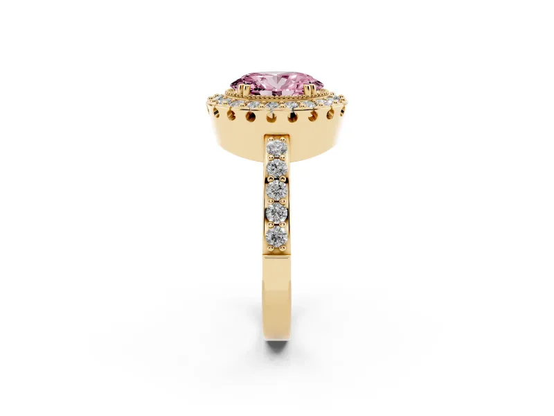 Oval Vintage Milgrain Halo Engagement Ring Setting for a Fancy Pink Lab-Grown Diamond | Pierced Gallery | Yellow Gold