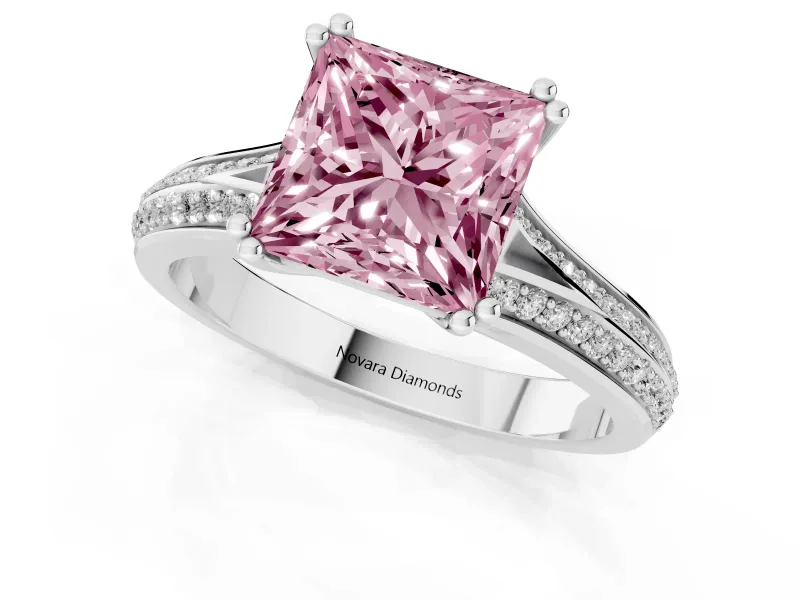 Princess Cut Pave Split Shank Engagement Ring Setting for a Fancy Pink Lab-Grown Diamond | Double Claw Prongs | Platinum