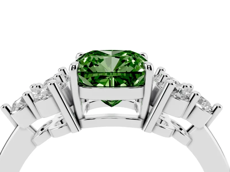 Fancy Green Cushion Cut Diamond Solitaire Ring Set in Silver with Cluster Accents on Each Side