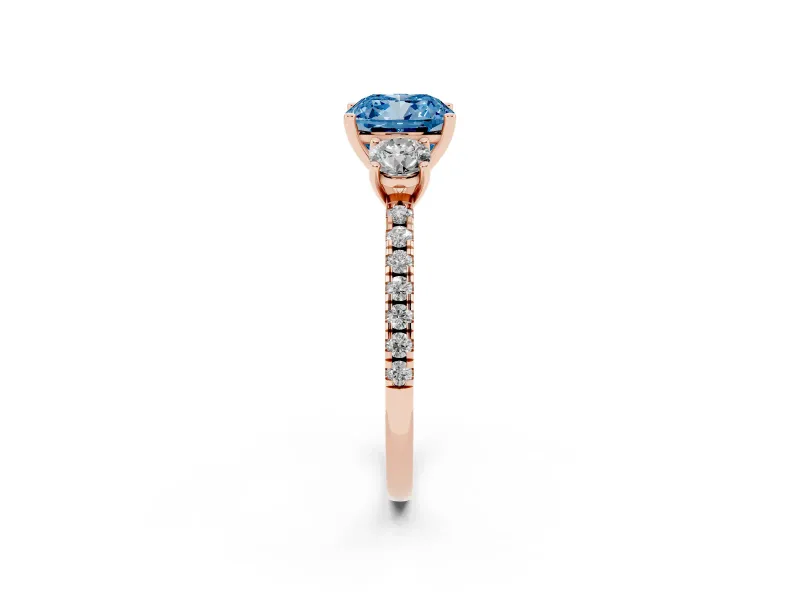 Cushion Cut Three Stone Engagement Ring Setting for a Fancy Blue Lab-Grown Diamond | Pave Shoulders | Rose Gold