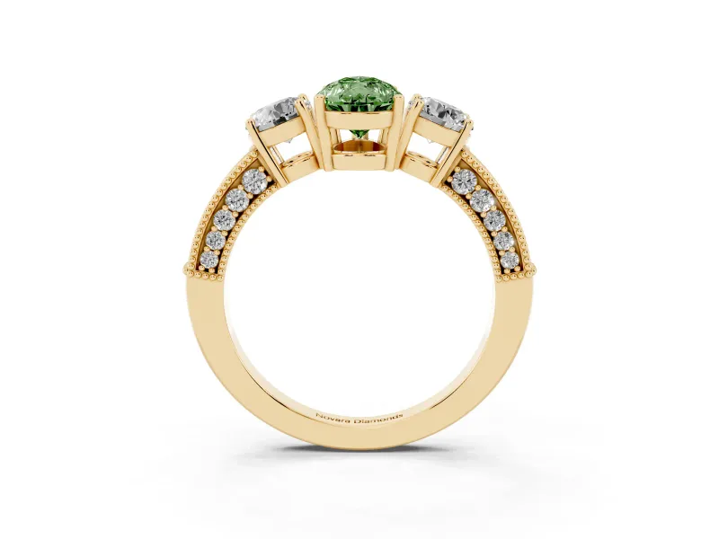 Pear-Shaped Three Stone Engagement Ring Setting for a Fancy Green Lab-Grown Diamond | Graduated Pave Band | Yellow Gold