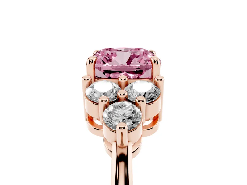 Fancy Pink Cushion Cut Diamond Solitaire Ring Set in Rose gold with Cluster Accents on Each Side