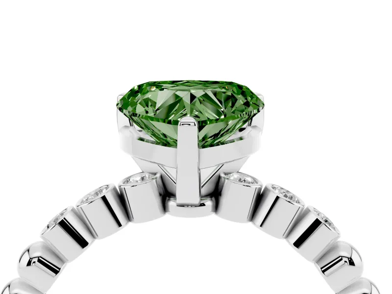 Fancy Green Heart Cut Diamond Solitaire Engagement Ring Set in Platinum with Bezel Accents on Beaded Band