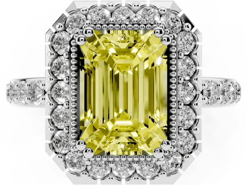 Emerald Cut Milgrain Halo Engagement Ring Setting for a Fancy Yellow Lab-Grown Diamond | Pavé Shoulders | White Gold