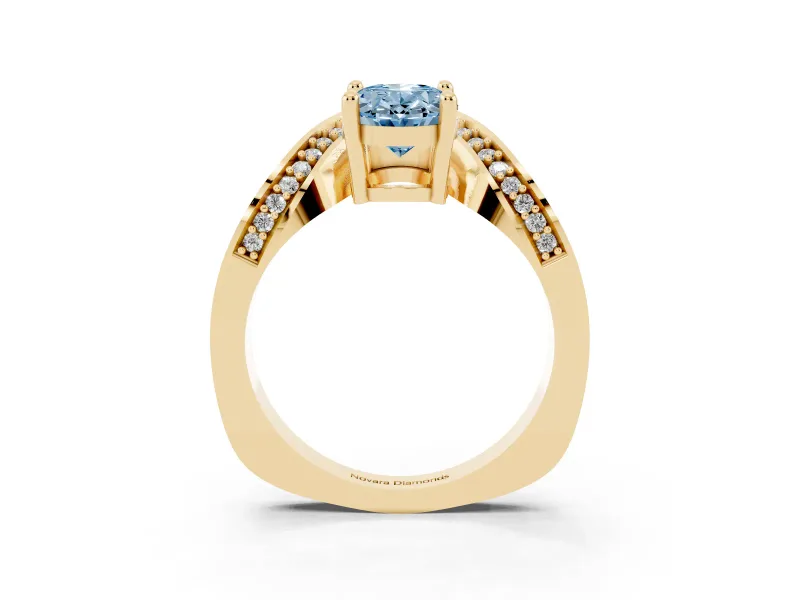 Oval Bypass Engagement Ring Setting for a Fancy Blue Lab-Grown Diamond | Pavé Ribbon | Yellow Gold