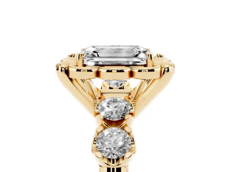 Emerald Cut Floral Engagement Ring Setting | Petal Frame and Side Stones | Yellow Gold