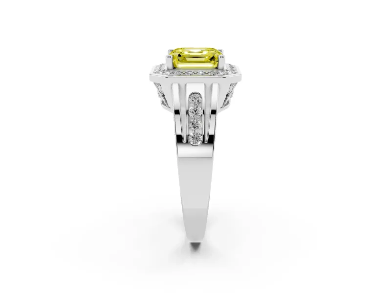 Asscher Cut Halo Engagement Ring Setting for a Fancy Yellow Lab-Grown Diamond | Channel-Set Split Shank | Platinum