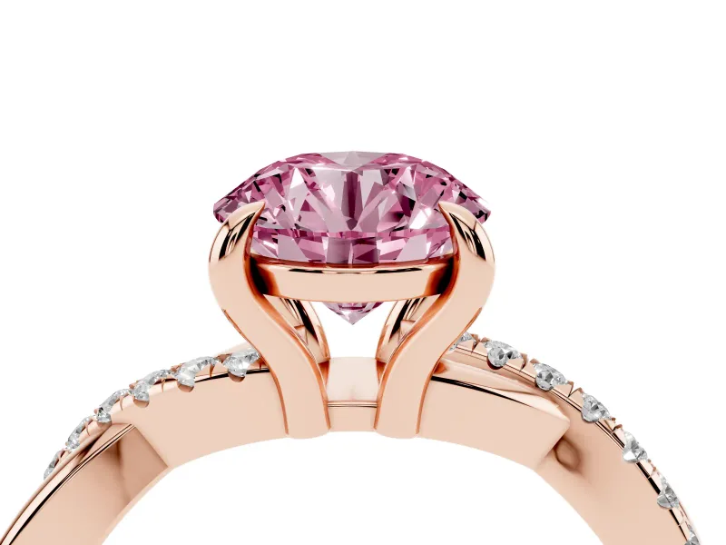 Fancy Pink Round Cut Diamond Twist Band Solitaire Set in Rose gold with Pavé Accents and Prong Setting