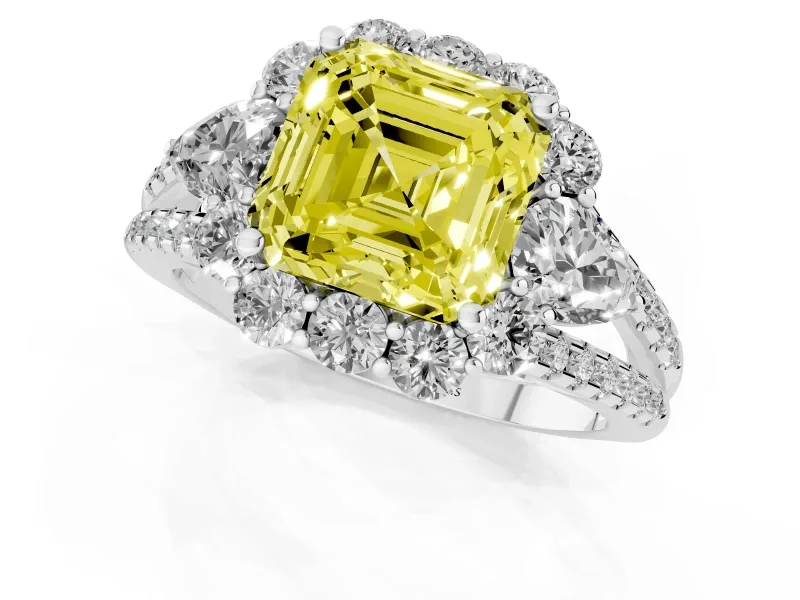 Fancy Yellow Asscher Cut Diamond Halo Split Shank Engagement Ring Set in Platinum with Prong-Held Center Stone