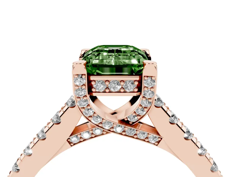 Emerald Cut Hidden Halo Pave Engagement Ring Setting for a Fancy Green Lab-Grown Diamond | Claw Prongs | Rose Gold