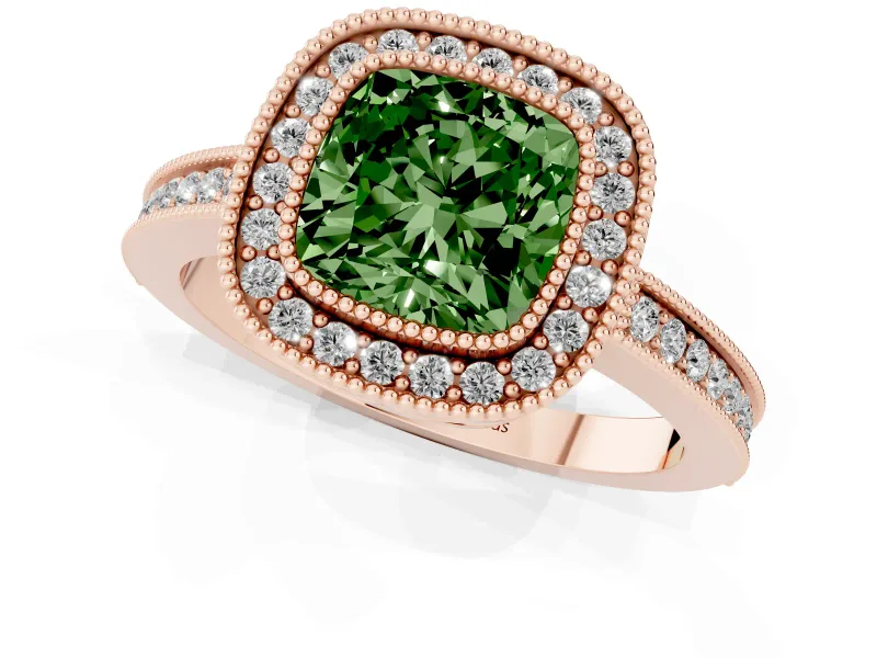 Fancy Green Cushion Cut Diamond Halo Ring Set in Rose gold with Pavé Band and Milgrain-Edged Prongs