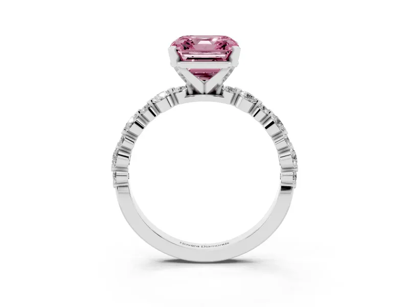 Fancy Pink Asscher Cut Diamond Prong Set Engagement Ring Set in Silver with Round Accent Pavé Band