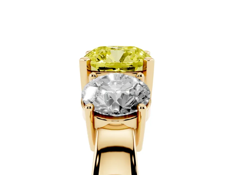 Cushion Cut Three Stone Engagement Ring Setting for a Fancy Yellow Lab-Grown Diamond | Wide Plain Band | Yellow Gold