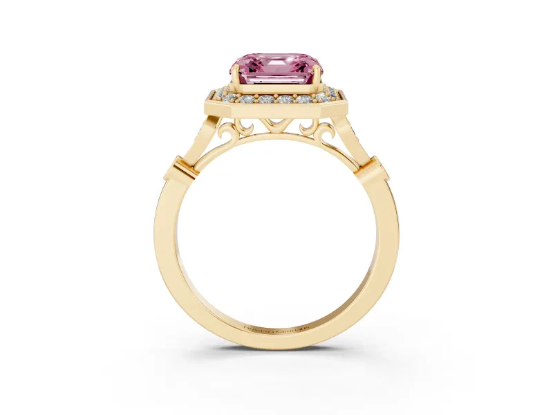 Asscher Cut Halo Engagement Ring Setting for a Fancy Pink Lab-Grown Diamond | Bezel Station Shoulders | Yellow Gold