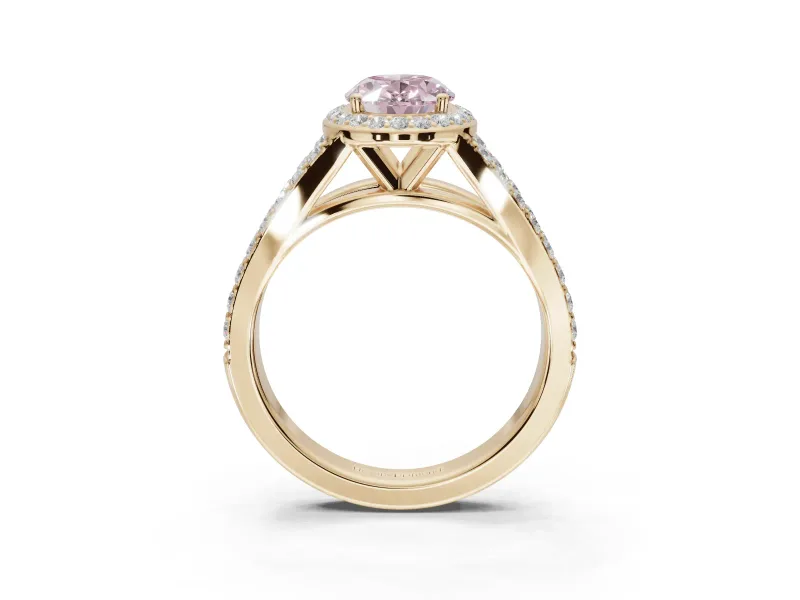 Oval Halo Pavé Engagement Ring Setting for a Fancy Pink Lab-Grown Diamond | Narrow Split Shank | Yellow Gold