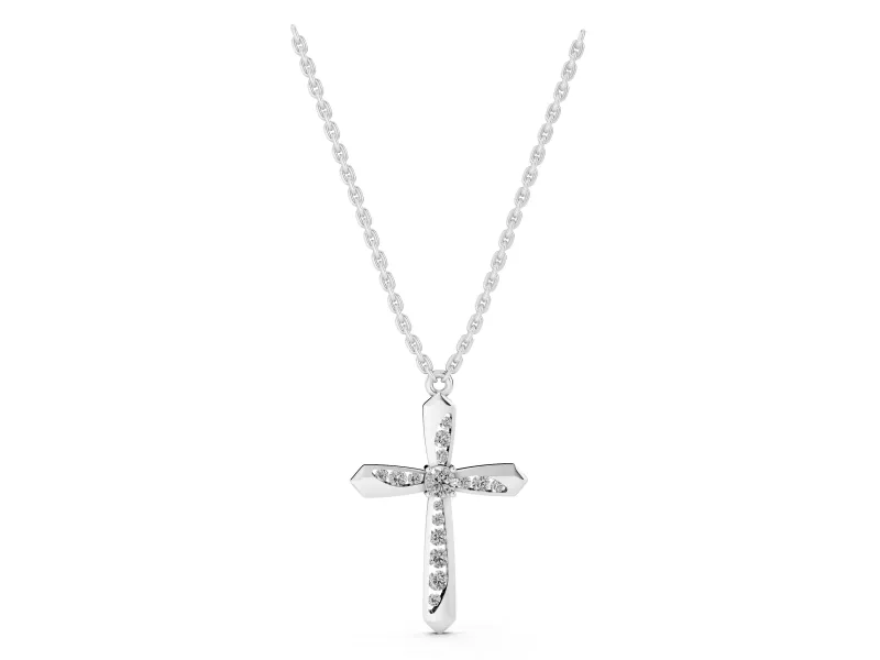 Round Lab-Grown Diamond Pavé Cross Pendant Necklace | Flared Pointed Arms | Sterling Silver