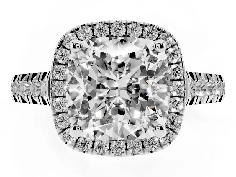 Cushion Cut Halo Engagement Ring Setting | Shared Prong Shoulders | Platinum