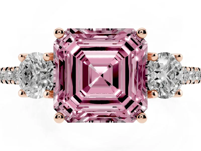 Asscher Cut Three Stone Engagement Ring Setting for a Fancy Pink Lab-Grown Diamond | Pave Shoulders | Rose Gold