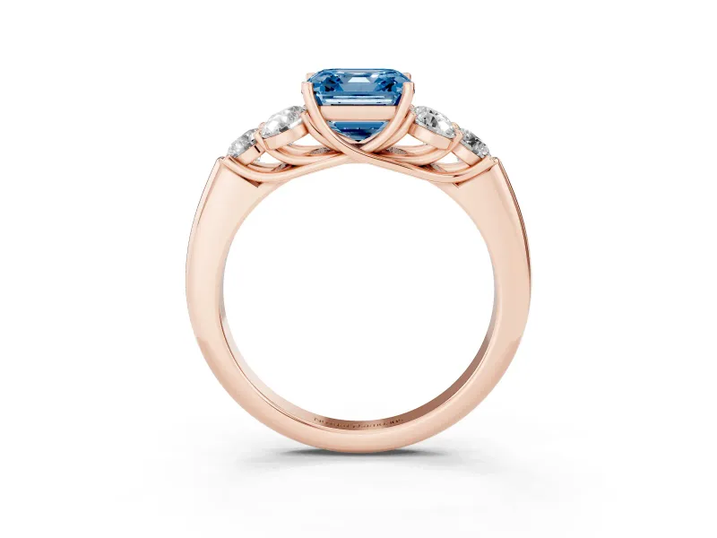 Fancy Blue Asscher Cut Diamond Cluster Ring Set in Rose gold with Round Accent Stones and Prong Setting on a Plain Band