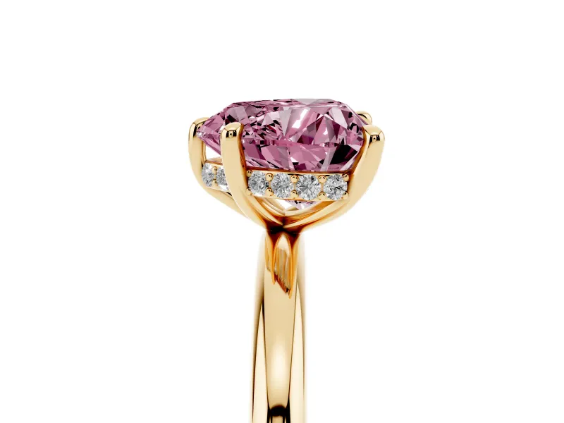 Fancy Pink Heart Cut Diamond Solitaire Ring Set in Yellow gold with Thin Band and Prong Setting