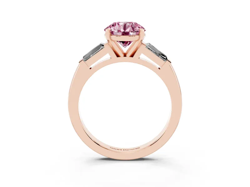 Fancy Pink Round Cut Diamond Solitaire Ring Set in Rose gold with Tapered Baguette Side Stones and Prong Setting