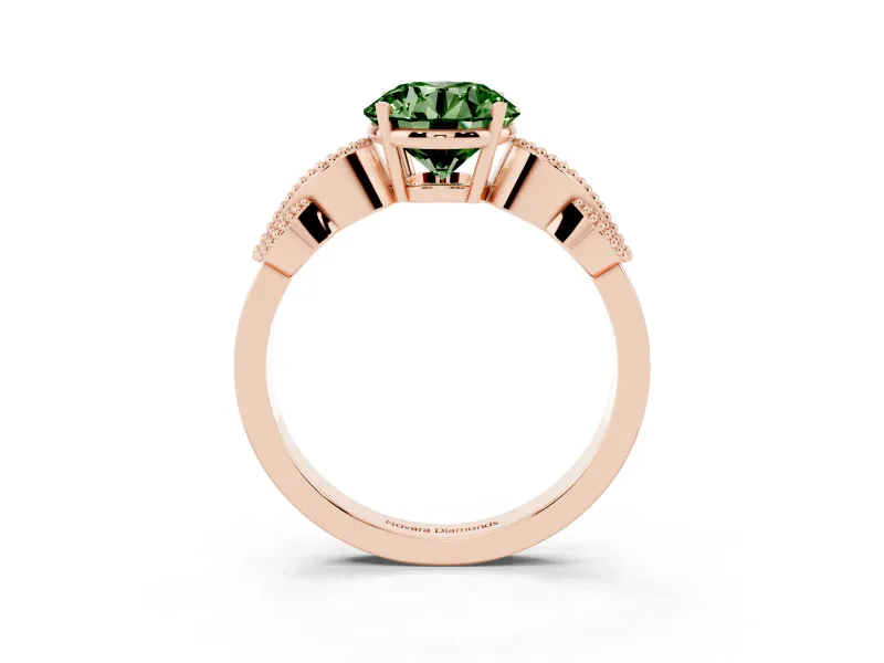 Fancy Green Round Cut Diamond Milgrain Leaf Band Solitaire Ring Set in Rose gold with Accent Stones and Prong Setting