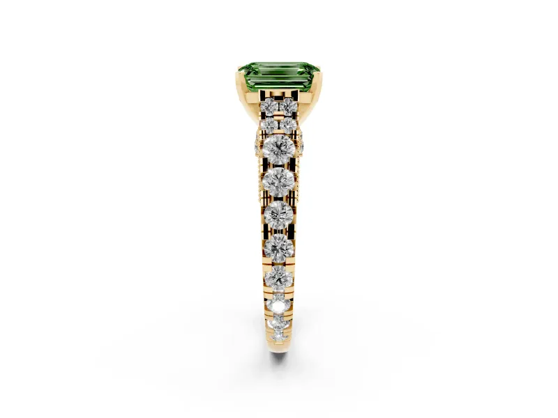 Fancy Green Emerald Cut Diamond Classic Solitaire Ring Set in Yellow gold with Pavé Band and Prong Setting